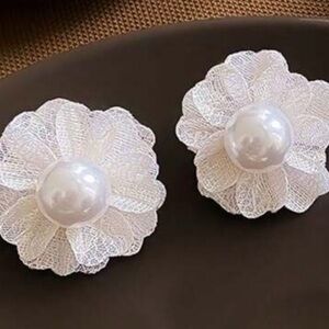 White with Pearl Fabric Flower Earrings